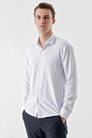  Erkek Beyaz Trend Baskılı Desenli İtalyan Yaka Slim Fit Gömlek