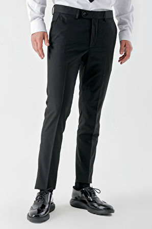  Erkek Siyah Poliviskon Basic Düz Desen Slim Fit Classic Pantolon