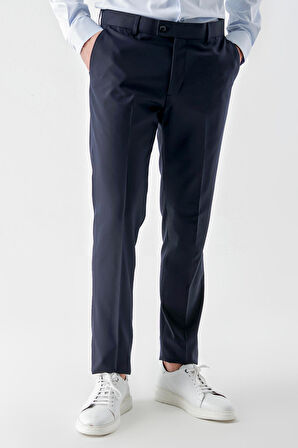  Erkek Lacivert Poliviskon Basic Düz Desen Slim Fit Classic Pantolon