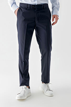  Erkek Lacivert Poliviskon Basic Düz Desen Slim Fit Classic Pantolon
