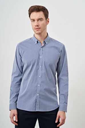  Erkek Lacivert Trend Çizgili-Panolu Düğmeli Yaka Regular Fit Gömlek