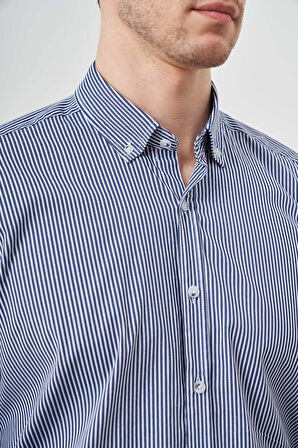  Erkek Lacivert Trend Çizgili-Panolu Düğmeli Yaka Regular Fit Gömlek
