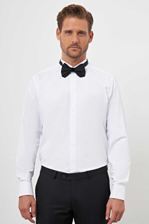  Erkek Beyaz Manşetli Düz Desen Ata Yaka Slim Fit Gömlek