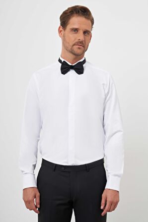  Erkek Beyaz Manşetli Düz Desen Ata Yaka Slim Fit Gömlek