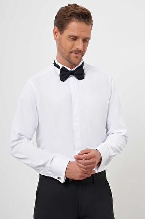  Erkek Beyaz Manşetli Düz Desen Ata Yaka Slim Fit Gömlek