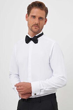  Erkek Beyaz Manşetli Düz Desen Ata Yaka Slim Fit Gömlek