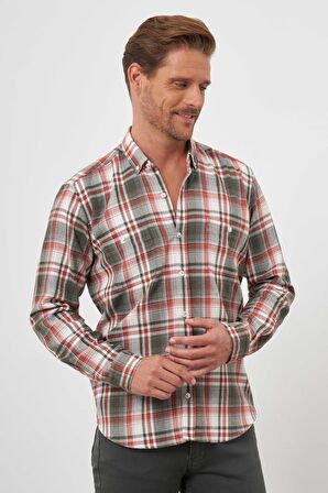  Erkek Yeşil Trend Oduncu Ekoseli Düğmeli Yaka Regular Fit Gömlek
