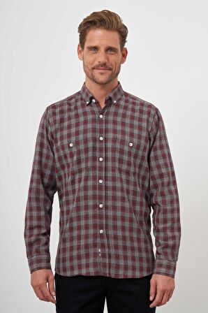  Erkek Bordo Trend Oduncu Ekoseli Düğmeli Yaka Regular Fit Gömlek