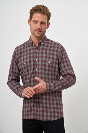  Erkek Bordo Trend Oduncu Ekoseli Düğmeli Yaka Regular Fit Gömlek