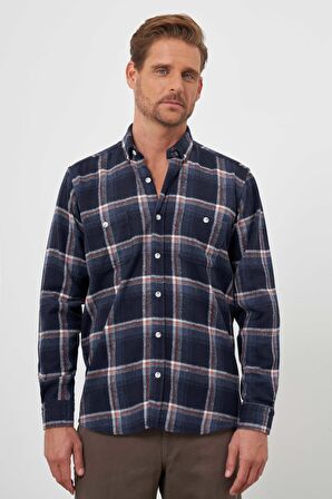  Erkek Lacivert Trend Ekoseli Regular Fit Düğmeli Yaka Oduncu Gömlek