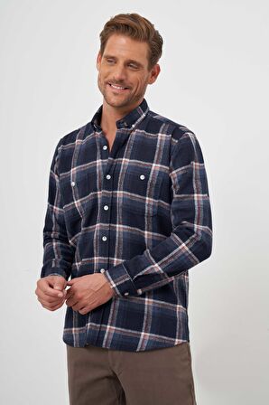  Erkek Lacivert Trend Ekoseli Regular Fit Düğmeli Yaka Oduncu Gömlek