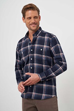  Erkek Lacivert Trend Ekoseli Regular Fit Düğmeli Yaka Oduncu Gömlek