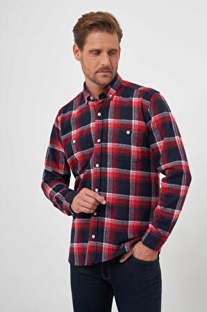  Erkek Kırmızı Trend Ekoseli Regular Fit Düğmeli Yaka Oduncu Gömlek