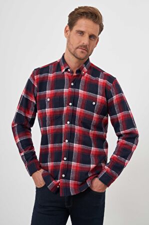  Erkek Kırmızı Trend Ekoseli Regular Fit Düğmeli Yaka Oduncu Gömlek