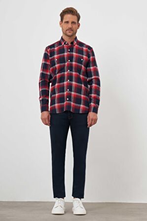  Erkek Kırmızı Trend Ekoseli Regular Fit Düğmeli Yaka Oduncu Gömlek