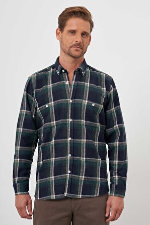  Erkek Yeşil Trend Ekoseli Regular Fit Düğmeli Yaka Oduncu Gömlek