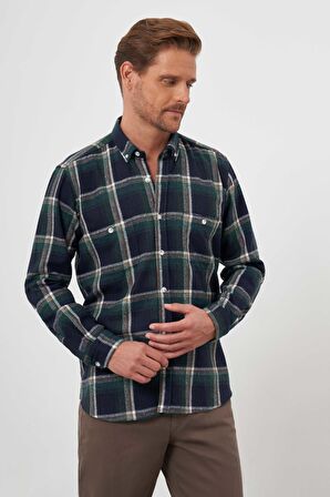  Erkek Yeşil Trend Ekoseli Regular Fit Düğmeli Yaka Oduncu Gömlek