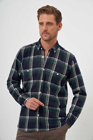  Erkek Yeşil Trend Ekoseli Regular Fit Düğmeli Yaka Oduncu Gömlek