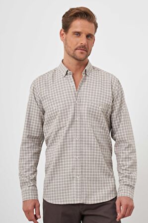  Erkek Bej Trend Ekoseli Regular Fit Düğmeli Yaka Oduncu Gömlek