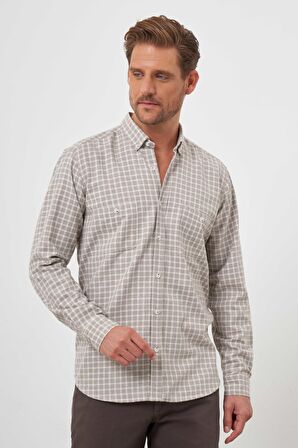  Erkek Bej Trend Ekoseli Regular Fit Düğmeli Yaka Oduncu Gömlek