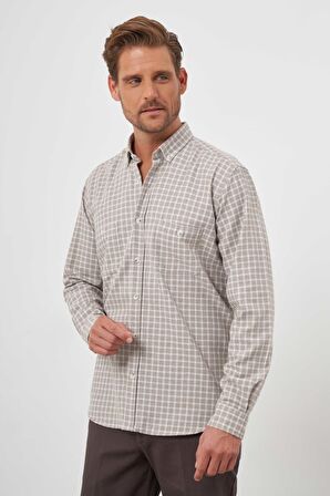  Erkek Bej Trend Ekoseli Regular Fit Düğmeli Yaka Oduncu Gömlek