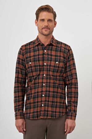  Erkek KAHVE Trend Ekoseli Regular Fit Düğmeli Yaka Oduncu Gömlek
