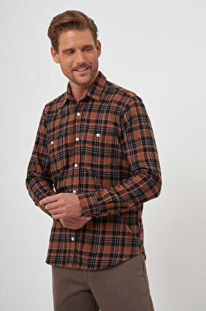  Erkek KAHVE Trend Ekoseli Regular Fit Düğmeli Yaka Oduncu Gömlek