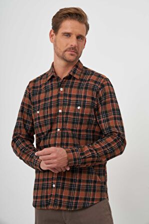  Erkek KAHVE Trend Ekoseli Regular Fit Düğmeli Yaka Oduncu Gömlek
