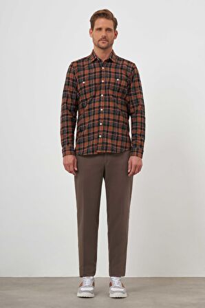  Erkek KAHVE Trend Ekoseli Regular Fit Düğmeli Yaka Oduncu Gömlek