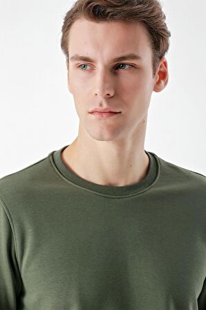  Erkek Yeşil Basic Bisiklet Yaka Sweat-Shirt