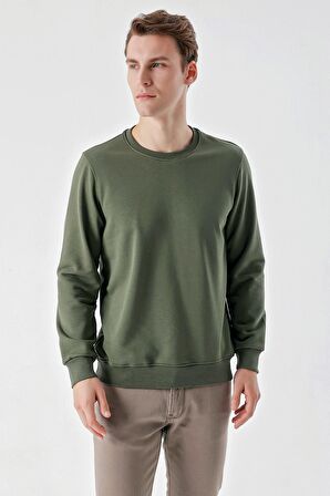  Erkek Yeşil Basic Bisiklet Yaka Sweat-Shirt