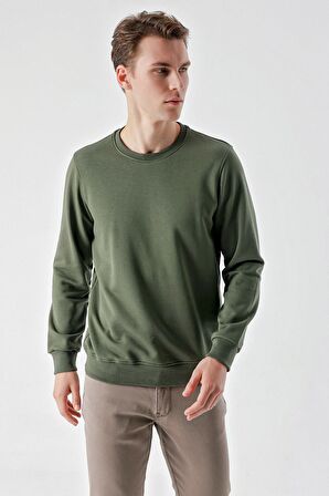  Erkek Yeşil Basic Bisiklet Yaka Sweat-Shirt