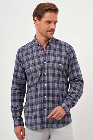  Erkek Gri Trend Ekoseli Regular Fit Düğmeli Yaka Oduncu Gömlek