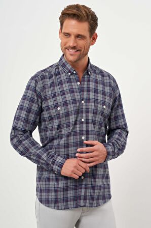  Erkek Gri Trend Ekoseli Regular Fit Düğmeli Yaka Oduncu Gömlek