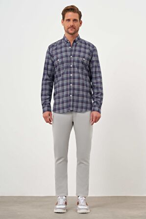  Erkek Gri Trend Ekoseli Regular Fit Düğmeli Yaka Oduncu Gömlek