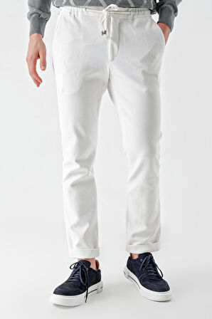  Erkek Beyaz Poliviskon Trend İpli Jogger Slim Fit Spor Pantolon