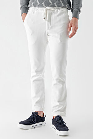  Erkek Beyaz Poliviskon Trend İpli Jogger Slim Fit Spor Pantolon