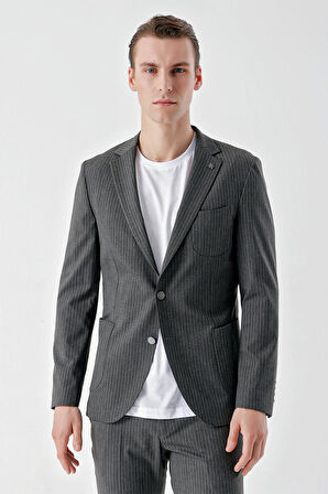  Erkek Gri Poliviskon Trend Çizgili Desen Slim Fit Mono Yaka Takım Elbise