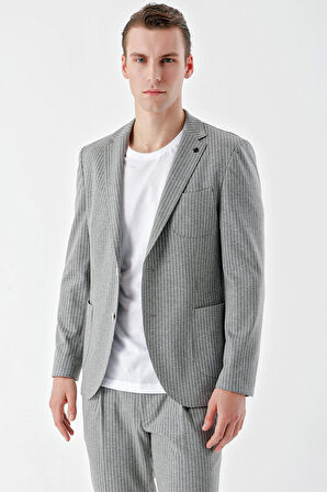  Erkek Gri Poliviskon Trend Çizgili Desen Slim Fit Mono Yaka Takım Elbise