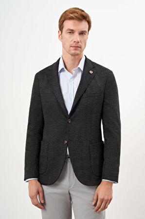  Erkek Siyah Örme Slim Fit Torba Cep Mono Yaka Spor Ceket