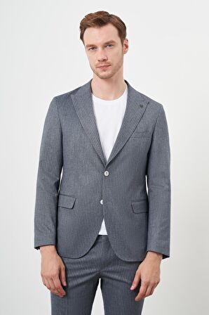 Erkek Lacivert Poliviskon Trend Çizgili Desen Slim Fit Mono Yaka Torba Cep Spor Takım Elbise