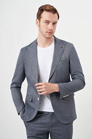  Erkek Lacivert Poliviskon Trend Çizgili Desen Slim Fit Mono Yaka Torba Cep Spor Takım Elbise