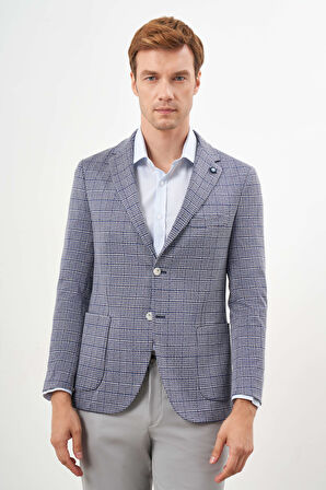 Erkek Mavi Örme Slim Fit Torba Cep Mono Yaka Spor Ceket