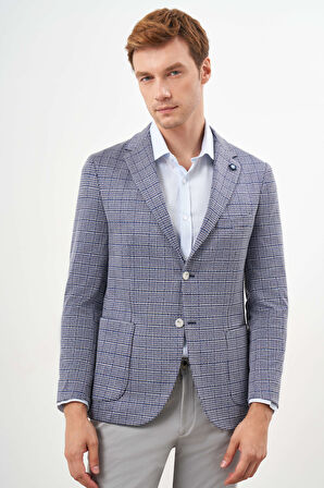  Erkek Mavi Örme Slim Fit Torba Cep Mono Yaka Spor Ceket