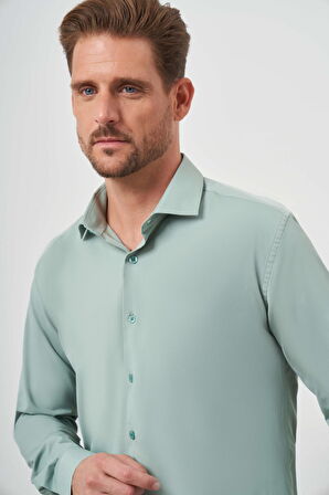  Erkek Su Yeşili Basic Düz Desen İtalyan Yaka Slim Fit Gömlek
