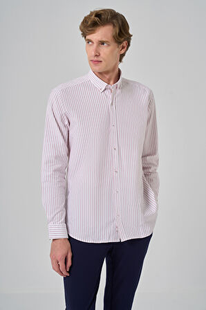  Erkek Bordo Pamuk Çizgili Panolu Düğmeli Yaka Regular Fit Gömlek