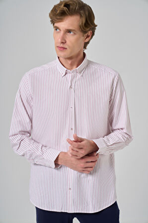  Erkek Bordo Pamuk Çizgili Panolu Düğmeli Yaka Regular Fit Gömlek