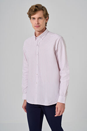  Erkek Bordo Pamuk Çizgili Panolu Düğmeli Yaka Regular Fit Gömlek