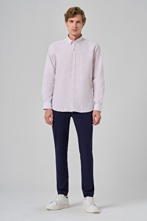  Erkek Bordo Pamuk Çizgili Panolu Düğmeli Yaka Regular Fit Gömlek