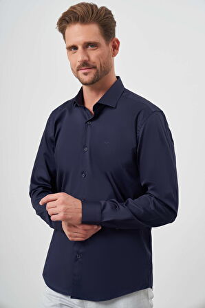  Erkek Lacivert Pamuk Düz Desen İtalyan Yaka Slim Fit Gömlek